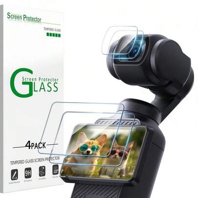 4片装 Osmo Pocket 3 屏幕及镜头保护膜套装，Osmo Pocket 3 配件，9H 钢化玻璃，超清，防刮花，高触控灵敏度，易于安装，适用于相机配件、屏幕保护膜、户外拍摄设备，无缝设计，灵敏保护膜，高清耐用，适合视频博主、内容创作者和摄影爱好者。