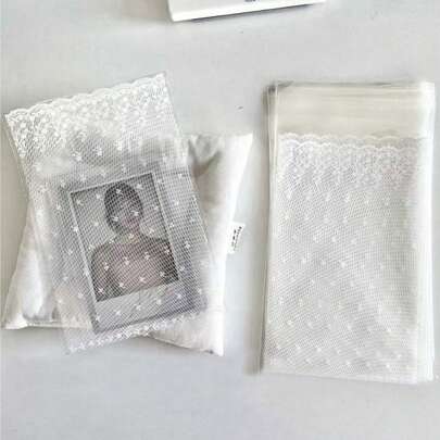 100/50pcs Lace Print Packaging Bags, Stationery Material Card Bags, White Transparent Lace Self-Adhesive Bags, Wedding Gift Packaging Bags, Holiday Gift Packaging Bags