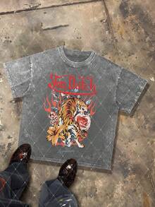 CHAOSHU Van Dutch The Legendary Tiger Rose Graphic Men's 230g Combed Washed Cotton T-Shirt, Street Short-Sleeve Top, Floral Tattoo Vintage Style Apparel, Spring Summer Crew Neck Top, Suitable For Summer Daily Casual Wear - Xám - Xem 1