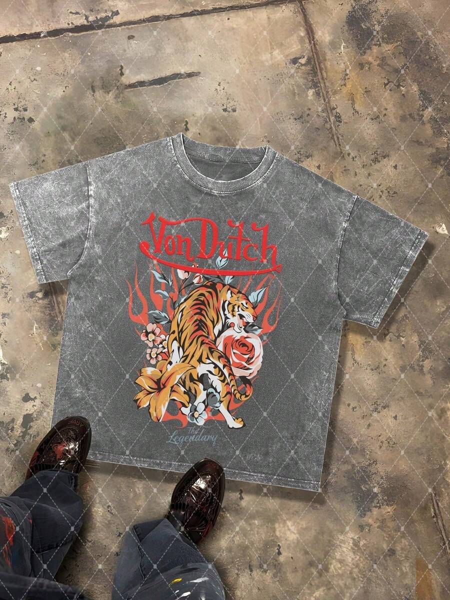 CHAOSHU Van Dutch The Legendary Tiger Rose Graphic Men's 230g Combed Washed Cotton T-Shirt, Street Short-Sleeve Top, Floral Tattoo Vintage Style Apparel, Spring Summer Crew Neck Top, Suitable For Summer Daily Casual Wear - Xám - Xem 1