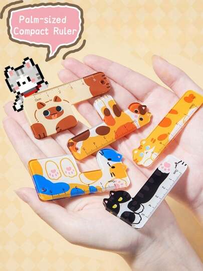 5 件猫爪形迷你尺，刻度清晰，测量精准，便携，可作钥匙扣装饰，配有 12 厘米挂绳，可用于 DIY 发夹、笔记本、绘画等。
