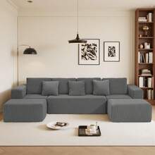 132" Cloud Couch, U Shaped Sectional Couch, Striped Corduroy Modular 6-Seater Sofa For Living Room Bedroom, Reversible Chaise, Free Configuration, No Assembly, Gray - 深灰色 - 查看 6