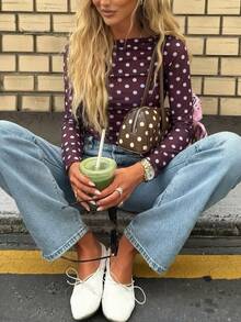 Áo len nữ dáng ôm họa tiết chấm bi mùa xuân hè - Cổ thuyền, vai rớt, tay dài, kiểu vintage. - Màu Đỏ Sâu - Xem 1