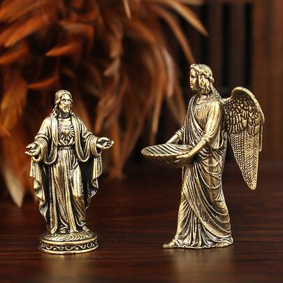 Vintage Brass Jesus & Angel Figurines Set – Catholic Religious Statues For Home Decor, Christian Gifts, Collectible Brass Ornaments