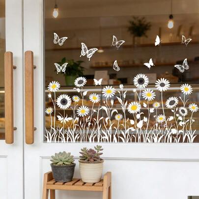 1/4 ชิ้น สติกเกอร์ติดหน้าต่างลายดอกไม้ป่าและผีเสื้อสีขาวในฤดูใบไม้ผลิ, สติกเกอร์ติดหน้าต่างแบบดูดซับไฟฟ้าสถิต PVC ใช้ซ้ำได้, เหมาะสำหรับตกแต่งร้านอาหาร, ร้านค้า, สำนักงาน, ห้องนั่งเล่น และสำนักงาน