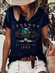 Vintage 1980 Journey Departure Print Fashion Casual Short Sleeve 2026 Summer Fit Comfortable Round Neck Women's T-Shirt - 藏青色 - 查看 1