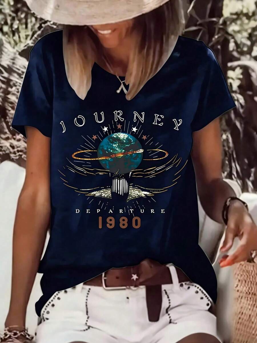 Vintage 1980 Journey Departure Print Fashion Casual Short Sleeve 2026 Summer Fit Comfortable Round Neck Women's T-Shirt - 藏青色 - 查看 1