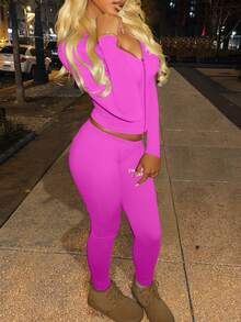 LovelyWholesale 2pcs Women Sports Letter Print Zip-Up Hoodie Jacket And Leggings Set, Spring Outfit - Hot Pink - View 5