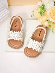 夏季新款甜美碎花女童凉鞋，儿童鞋，婴幼儿平底鞋，小女孩公主休闲凉鞋，松紧带柔软防滑沙滩鞋 - 米色 - 查看 1