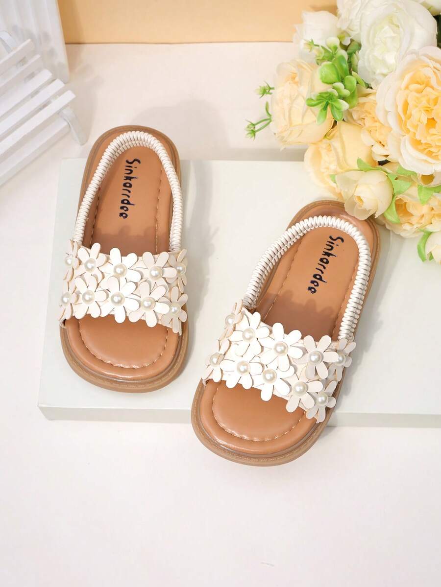 夏季新款甜美碎花女童凉鞋,儿童鞋,婴幼儿平底鞋,小女孩公主休闲凉鞋,松紧带柔软防滑沙滩鞋 - 米色 - 查看 1