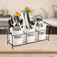 Bekith - Cubertero de cerámica blanca de 3 piezas con estante de metal negro contenedores organizadores para utensilios de cocina clóset o despensa - Blanco - Ver 6