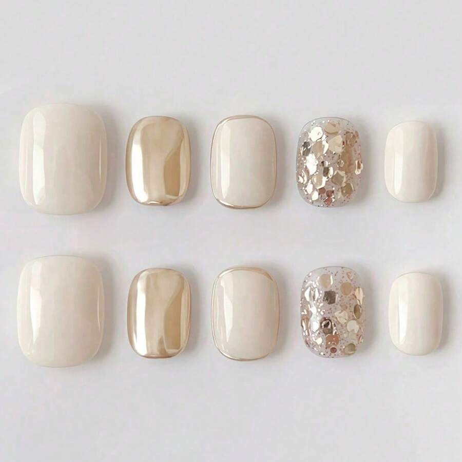 10pcs Pure Handmade Press On Nails Short Nails Oval Nails Gold Nails Light Luxury Gentle Style, Milk White Matched With Champagne Gold Solid Color Color Blocking, Decorated With Gold Foil Sequins, Minimalist Daily Press-On Nails For Women And Girl, Spring Summer Fall Winter Festivals Party Valentine's Day And Daily Life Use Nail Supplies Handmade Press On Nails - Nhiều màu - Xem 1