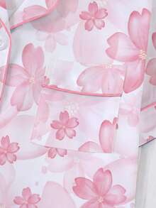 2pcs/Set Conjunto de pijama para mujer, estampado de pétalos florales, ropa de estar en casa para mujer, atuendo de vacaciones de primavera/verano, top de manga corta con solapa y pantalones cortos, se puede usar en el exterior - Rosa - Ver 5