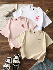 3件套 女童及青少年学生休闲印花圆领短袖T恤，夏季上衣 - 彩色 - 查看 2