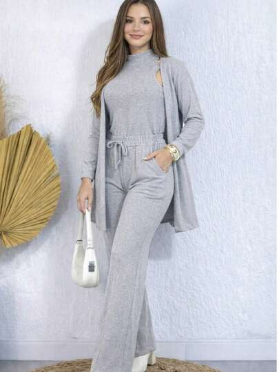 CONJUNTO FEMENINO LANZINHA 3 PEÇAS REGATA, CARDIGA E CALÇA PANTALONA
