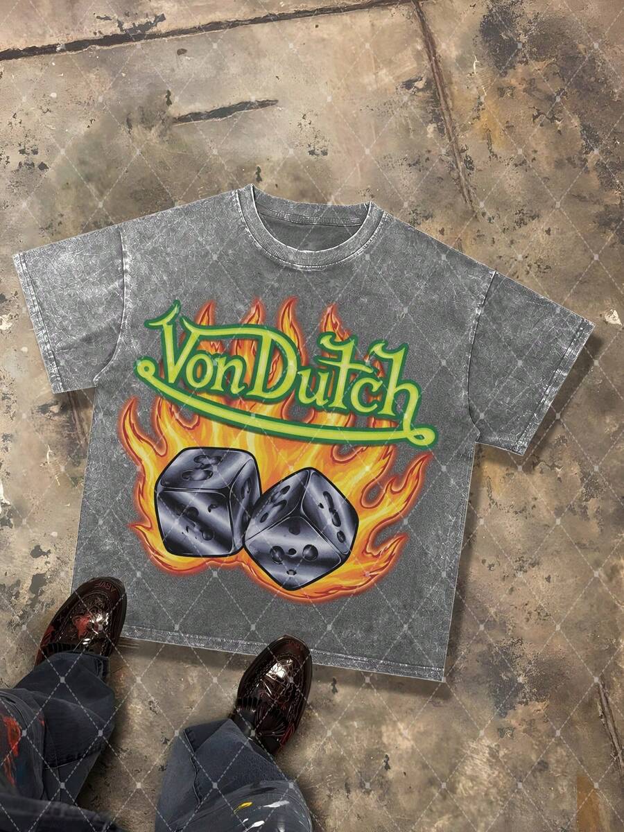 Van Dutch Flame Dice Graphic Men's 230g Combed Washed Cotton T-Shirt, Street Short-Sleeve Top, Retro Gambling Biker Style Apparel, Spring Summer Crew Neck Top, Suitable For Summer Daily Casual Wear - 灰色 - 查看 1