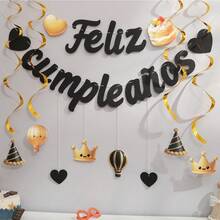 色彩缤纷的粉绿色复古“Feliz Cumpleanos”（西班牙语生日快乐）派对背景墙装饰三角旗挂横幅 - 彩色 - 查看 19