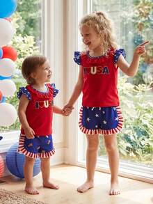 Toddler Baby Girl 4th Of July Outfits Letter Embroidery Fly Sleeves T Shirt Tops And Star-Stripe Ruffled Shorts Set Cute Memorial Day Outfit - 紅色 - 查看 4