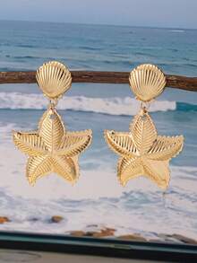 1 Pair Metal Shell Starfish Drop Earrings, Summer Beach Vacation Jewelry - Yellow Gold - View 5