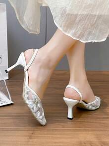 Giày sandal cao gót nữ thời trang ren khoét lỗ mũi kín, kiểu Hàn Quốc mới, mũi nhọn hở gót. - Màu be - Xem 3