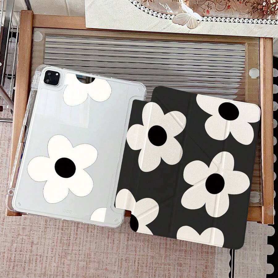 1 Stück ästhetische minimalistische weiße Blumen Muster 3+Y Falt Multi-Winkel Magnetständer Tablet Hülle mit Stiftfach & Auto Sleep/Wake Schutzhülle, kompatibel mit iPad PRO/AIR, kompatibel mit SAMSUNG, kompatibel mit XIAOMI Pad 5/6/38 - Verschiedenfarbig - Übersicht 1