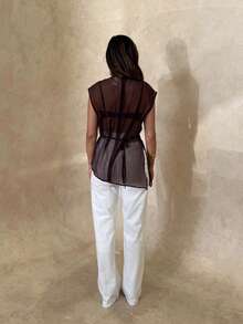 Cccoqdj Women's Sheer Organza Sleeveless Top - High Neck Asymmetric Hem Back Tie Waist Zip Back Blouse Casual Summer Top - nâu sẫm - Xem 9