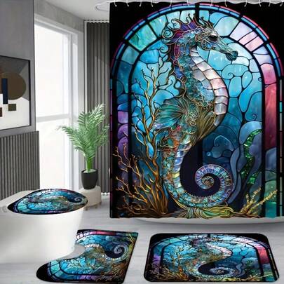 Bộ 1/4 rèm tắm hình cá ngựa gắn cửa kính, rèm tắm chống thấm nước kèm 12 móc, thảm phòng tắm chống trượt, thảm chữ U cho bồn cầu, tấm lót nắp bồn cầu, đồ trang trí phòng tắm, bộ rèm tắm cho phòng tắm, phụ kiện phòng tắm