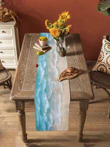 1 pieza Camino de mesa impreso con onda degradada, estilo de resort de playa con onda y arena, camino de mesa rectangular de lino para uso diario, boda, fiesta, adecuado para mesa de comedor, gabinete, sala de estar - Celeste - Ver 4