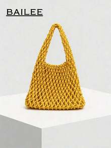 Polyester Crochet Mesh Multi-Color Solid Color Knitted Handbag, Pattern, Lightweight And Portable, Large Capacity, Suitable Women, Office Workers, Teachers, Business/Commuting/Work/Office, Holidays/Vacations/Outdoors/Travel/Hiking/Sports, Suitable Summer, Autumn, And Winter, A Must-Have Bag Summer Vacations, And Also An Excellent Teacher's Day, Crochet, Cute, Vacation-Ready. - 白色 - 查看 3