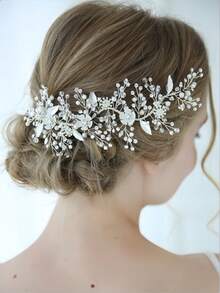 1pc Pearl & Crystal Leaf Hair Clip - Silver - View 7