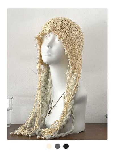 米色艺术风手工钩编流苏贝雷帽，透气镂空设计，春夏新品，百搭护耳针织帽，女士款
