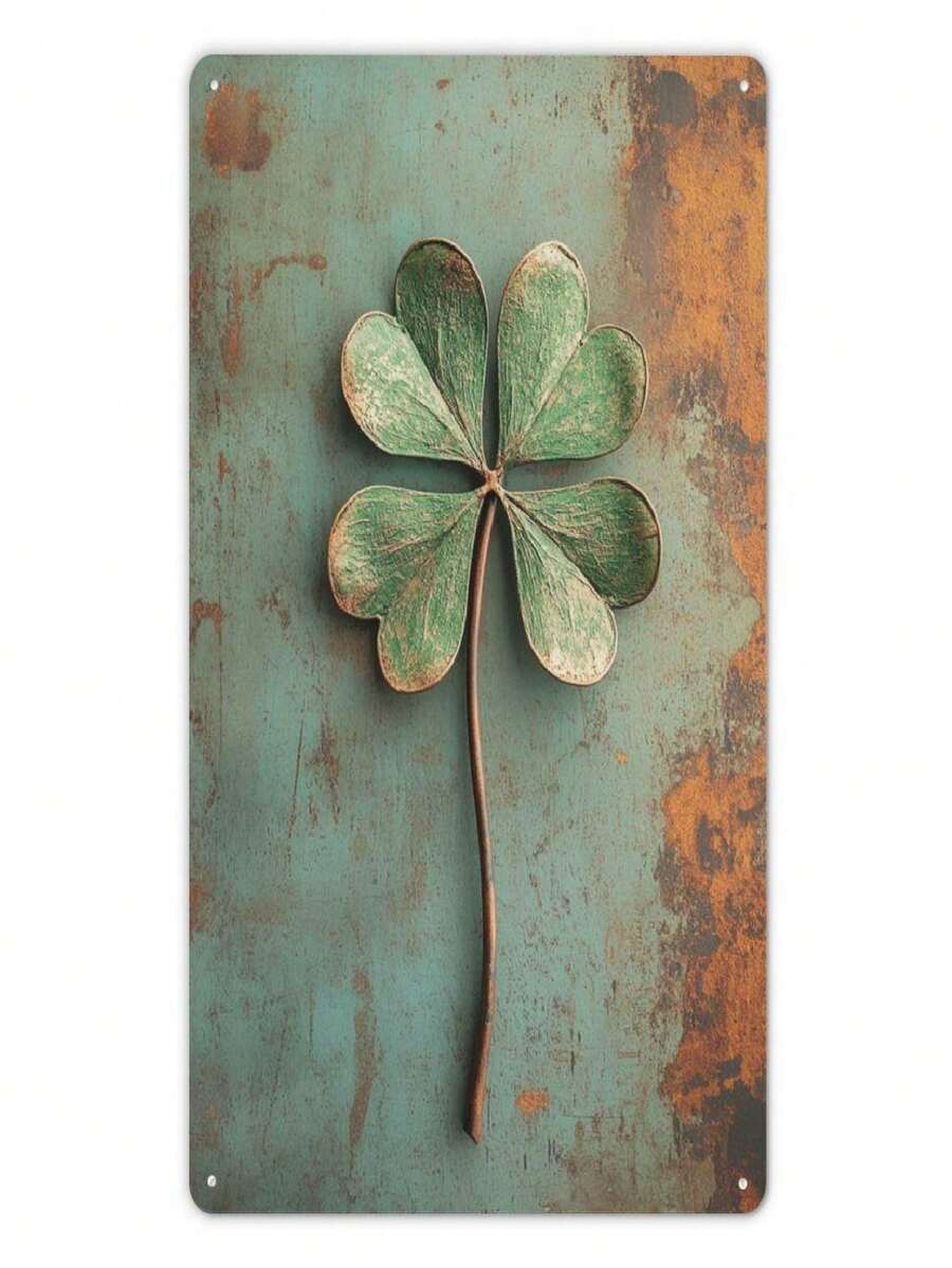 Vintage Four-Leaf Clover Metal Wall Art, Rustic Metal Plaque With Faux Aged Green Enamel And Distressed Texture, Unframed, Suitable For Home, Bar, Cafe, Restaurant, Garage Decor - Perfect For Christmas, Halloween, Easter, Thanksgiving, St. Patrick's Day, Bar Decor | Vintage Wall Art | Unframed Metal Wall Art Decor, Great For Room Decoration - Four-leaf Clover - View 1