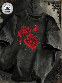 Damen Sommer Kurzarm T-Shirt, dekoriert mit roter Rosen Grafik, verwaschen schwarz, dunkel romantischer Stil, Oversize Retro T-Shirt. - Schwarz - Übersicht 8