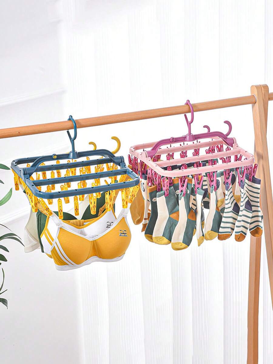 Space-Saving Sock Drying Rack With Windproof Hooks And Multiple Clips, Stylish Plastic Laundry Hanging Rack, Suitable For Students And Housewives, Foldable And Storage, Perfect For Dorm Balcony, Can Dry Underwear And Socks, Laundry Room Organization Essential, Balcony Accessory - Multicolor - View 1