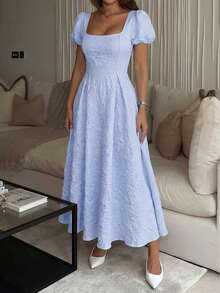 女士春夏优雅方领花瓣袖花卉纹理收腰喇叭下摆中长连衣裙，适合度假、婚礼、派对等场合。 - 藍色 - 查看 9