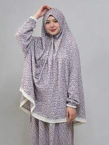 Bộ 1 khăn trùm đầu Khimar + váy bằng vải cotton pha mềm mại, in họa tiết, rộng rãi, thoải mái, phù hợp cho phụ nữ mặc hàng ngày và cầu nguyện, mọi mùa. - Nhiều màu - Xem 4