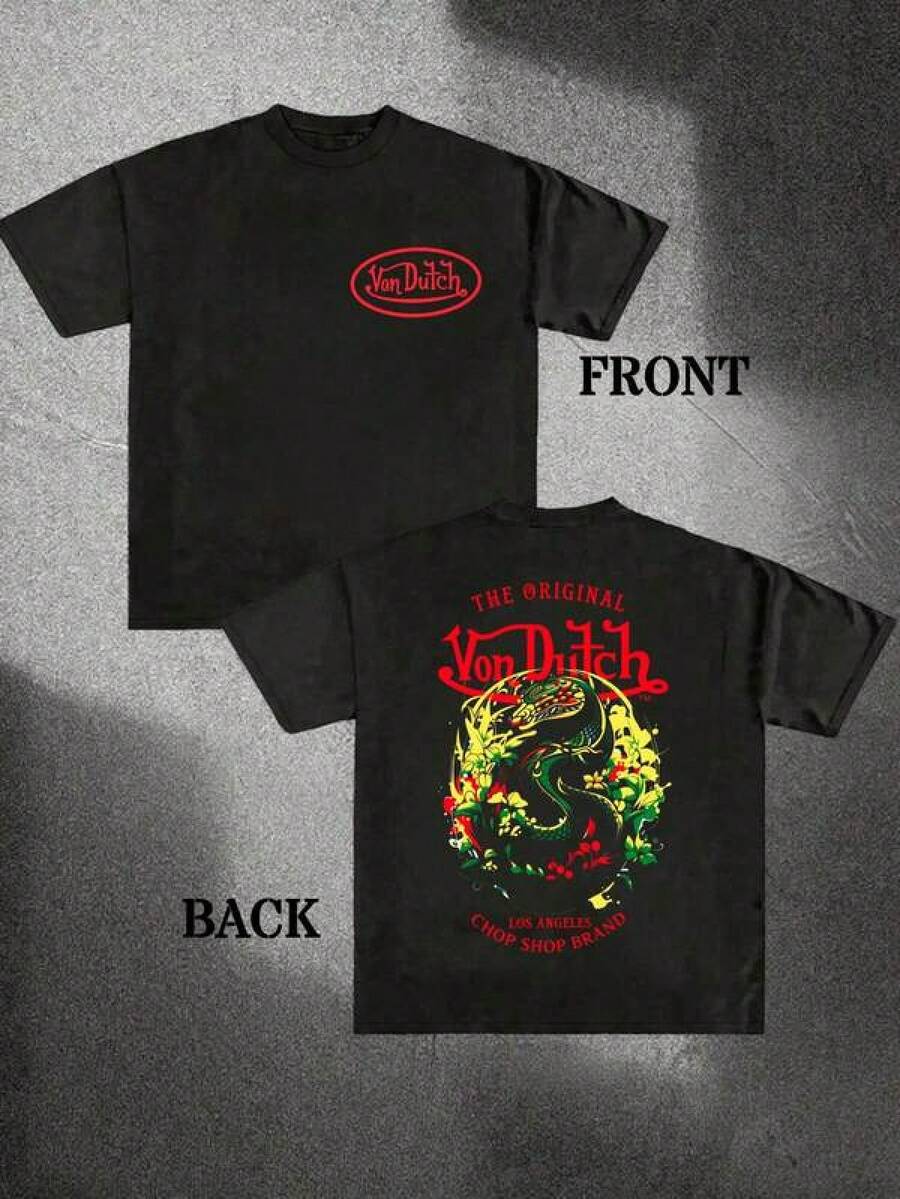 Graphic-Shirt Cotton Tees Size PlusBlack 1pcs Women's Double Side Print Von Ditch Dragon Floral Design Red And Green Print Fabric Soft & Skin-Friendly Unisex Style Gifts For Spring Festival, Valentine's Day, St. Patrick's Day & World Cup-Van Dutch Dragon Print Women T Shirt Classic Americana Style Graphic ,Y2K,Oversized Shirt Men,Summer Tops - 黑色 - 查看 1