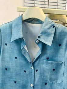 Women's Short Sleeve Heart Print Button Shirt, Pointed Collar With Chest Pocket, Cute Casual Top, Suitable For Office, Home, Vacation And Daily Wear, Perfect For Spring And Summer - Blue Short-sleeved Shirt - View 6