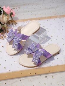 1 Paar lila Mädchen Hausschuhe in Große Größen, mit Glitzer, Pailletten, Perlen und Schmetterling Dekor, runde offene Zehenpartie, weich und rutschfest, Slip-On Design, schicke bohemian Prinzessin Strandschuhe, geeignet für den Alltag Outfit, Urlaub, Feiertage, Partys, Frühling/Sommer Neuheit - Violett - Übersicht 1