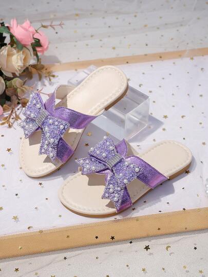 1 Pair Purple Plus Size Toddler Girls' Fashion Slippers, Glittery Sequin Pearl Crystal Butterfly Decor, Round Toe Open Toe Soft Non-Slip Slip-On Design, Bohemian Princess Beach Sandals, Suitable For Daily Casual, Vacation, Holidays, Parties, Spring/Summer New Arrival