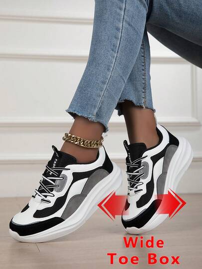 Giày nữ mũi rộng, giày thể thao nữ mũi rộng dáng casual, giày thể thao nữ đế cao dáng rộng, giày thể thao nữ mũi tròn buộc dây phối màu đế dày dáng casual