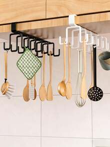 1 Pc White / Black12-Hook Storage Rack, No Drilling Multi-Functional Hook Rail, Wall Mounted Adhesive Hooks For Wardrobe & Kitchen Use, Track Style Utensil Hanger & Pot Rack Organizer, Space-Saving Home Accessories - Multicolor - View 2