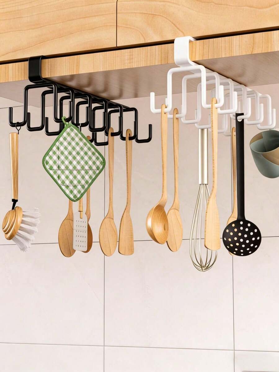 1 Pc White / Black12-Hook Storage Rack, No Drilling Multi-Functional Hook Rail, Wall Mounted Adhesive Hooks For Wardrobe & Kitchen Use, Track Style Utensil Hanger & Pot Rack Organizer, Space-Saving Home Accessories