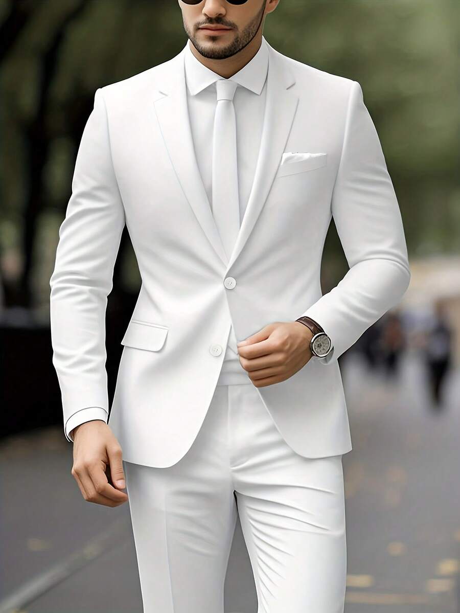 Men'S Classic Two-Piece Business Suit Featuring A Solid Color Blazer And Pants With Functional Pockets, Ideal For Formal Occasions Such As Weddings, Interviews, Parties - White - View 1