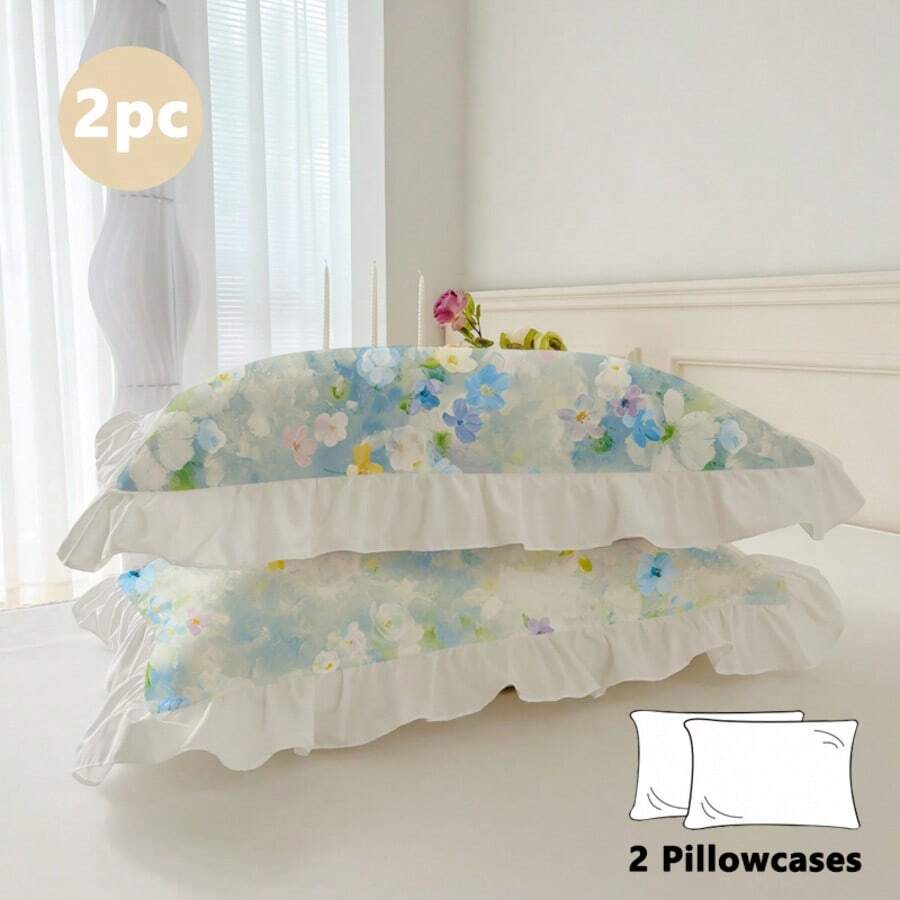 2pcs Set Floral Ruffle Trim Solid Color Pillowcase, Breathable & Soft, Machine Washable, Suitable For All Seasons, Princess Style Minimalist Pillowcase (Pillow Insert Not Included), Suitable For Dorm, Bedroom, Hotel - Multicolor - View 1