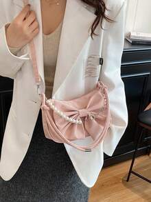 2026新款温柔蝴蝶结设计女士单肩包，珍珠拼接链条斜挎包，休闲百搭腋下包，尽显优雅气质 - 粉色 - 查看 4