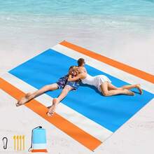 [4-7 Adults Beach Blanket] Lightweight Oversized Picnic Beach Blanket| 4-7 Adults, Sandproof, Large Picnic Mat For Beach Travel Camping Hiking - 藍橙 - 查看 2