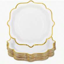 Đĩa giấy trắng viền vàng (1 cái/10 cái/25 cái/50 cái), đĩa tráng miệng màu trắng 7 inch x 9 inch, đĩa giấy dùng một lần có viền lượn sóng và viền nhũ vàng, thích hợp cho tiệc trà, tiệc sinh nhật, tiệc cưới, tiệc kỷ niệm. - 1 YEAR - Xem 3