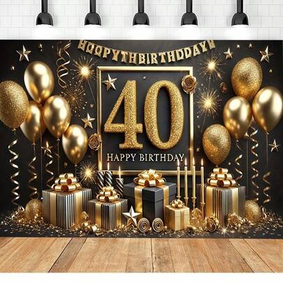 2d Plane, An Elegant 40th Birthday Background Wall, With Balloons And Large Gold Number 40, Happy Birthday Sign, White And Gold Balloon Arch Decoration, Suitable For Milestone And 40th Birthday Banner Background, Various Sizes And Scenes To Choose From.