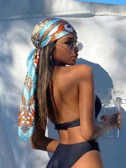 1pc Women's Blue Vintage Patchouli Floral 90cm Square Silk Scarf, Classic Headscarf, Outdoor Travel Bohemian Style Headwrap, Accessory Gift, Suitable For Styling